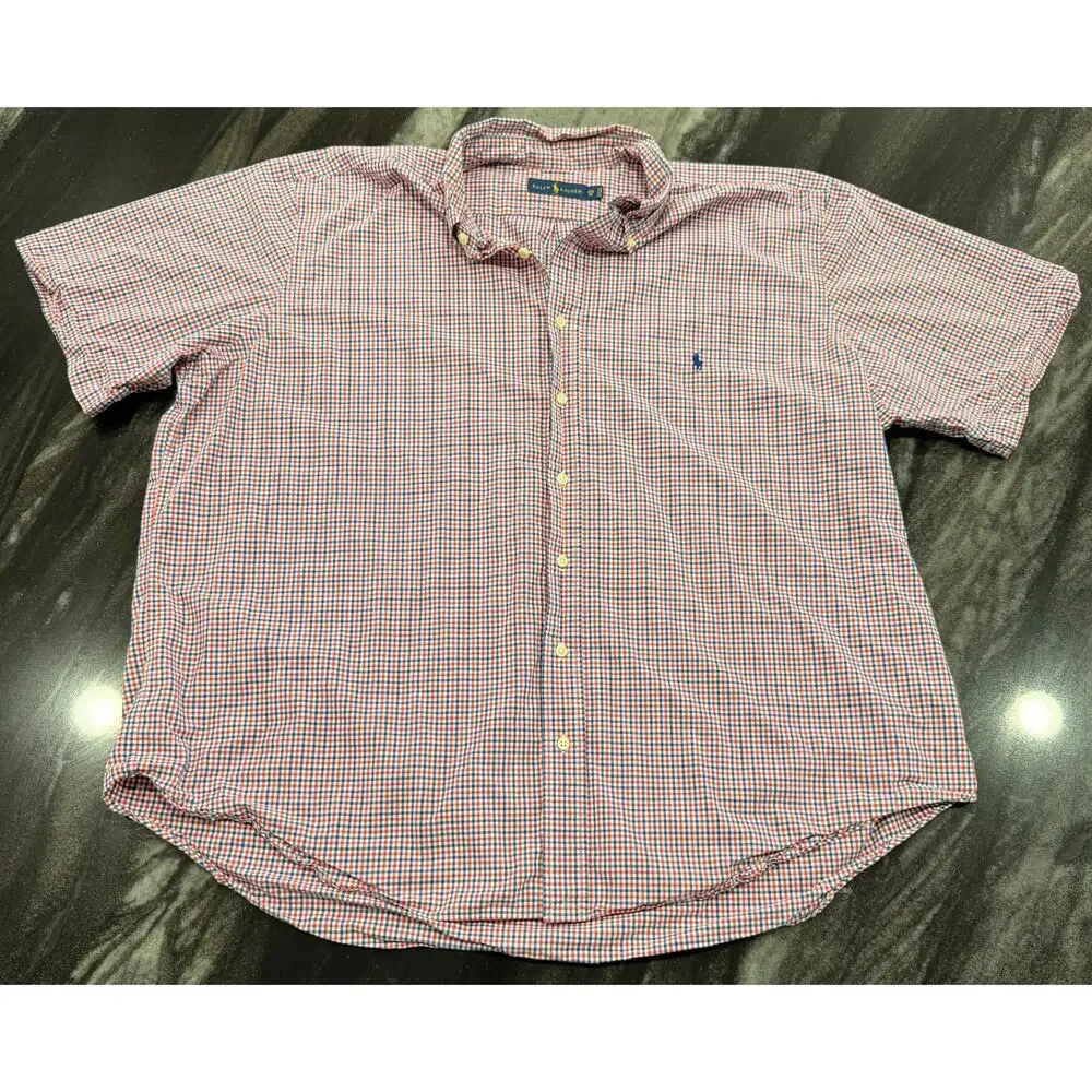 Polo Ralph Lauren Mens 2XB Big Red Blue Gingham Button Down Short Sleeve Shirt